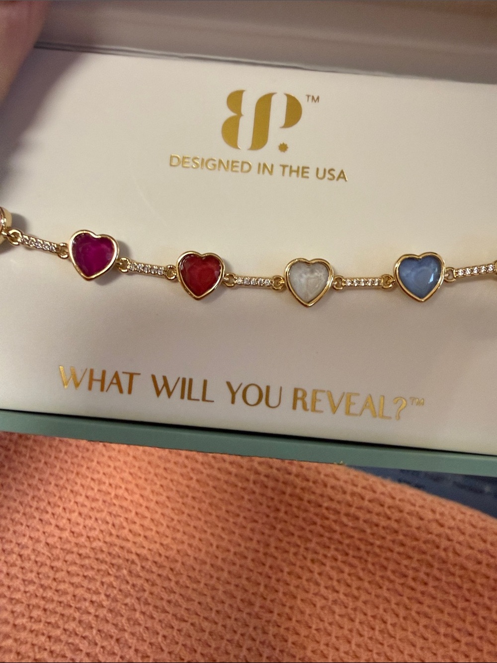 Heart Gemstone Link Bracelet in Gold with Pink, Red, White & Blue Hearts